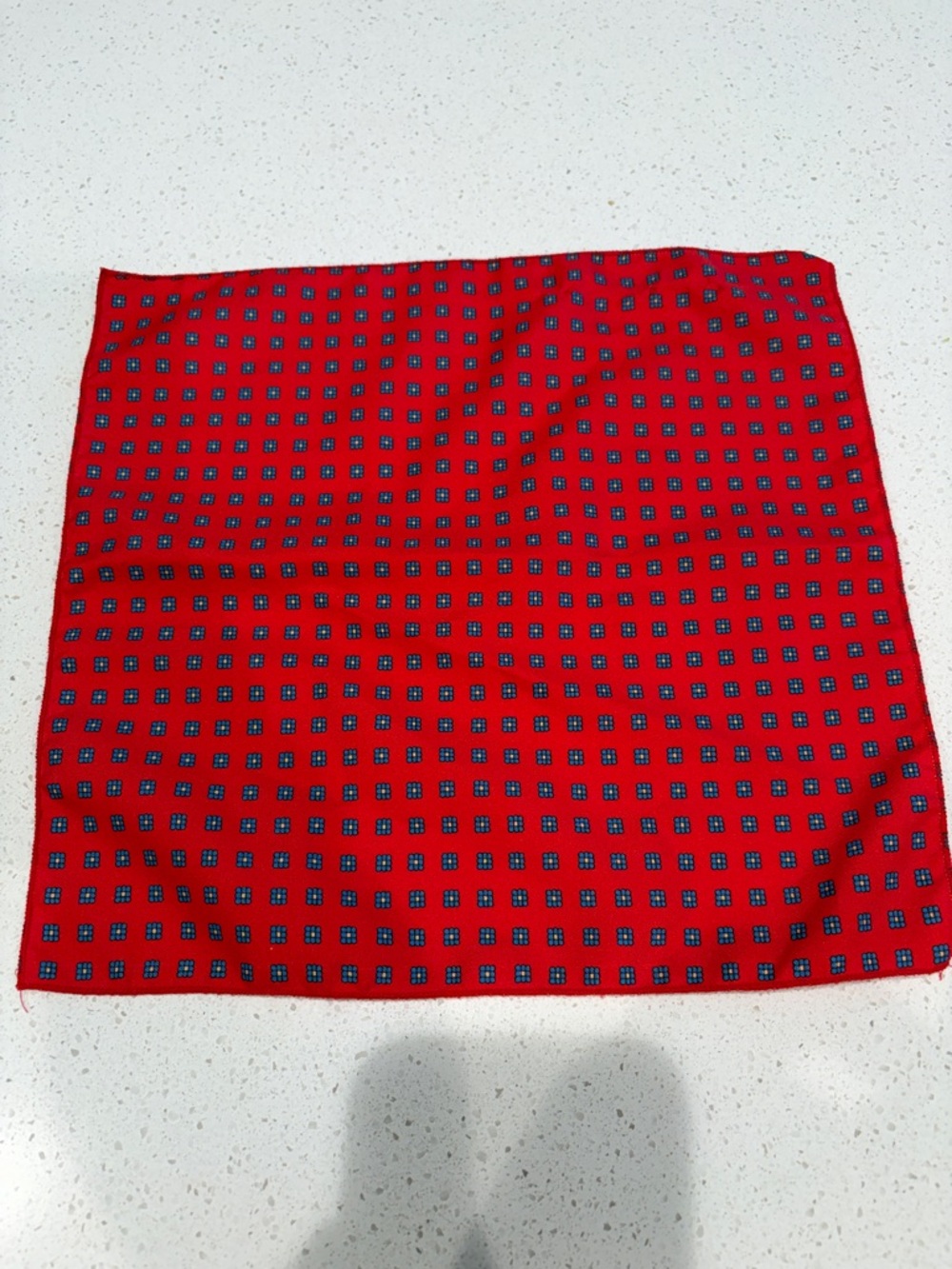 Classic Red Pocket Square with Navy Geometric Motif
